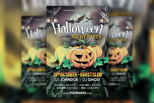 Pumpkins and Bats Halloween Night Party Flyer Template FREE PSD