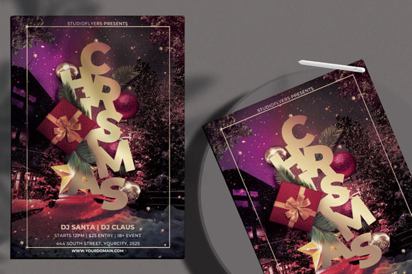 Purple, Golden Festive Christmas Eve Party Template FREE PSD