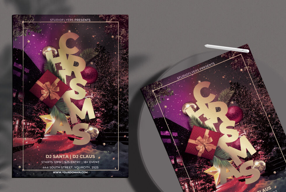 Purple, Golden Festive Christmas Eve Party Template FREE PSD