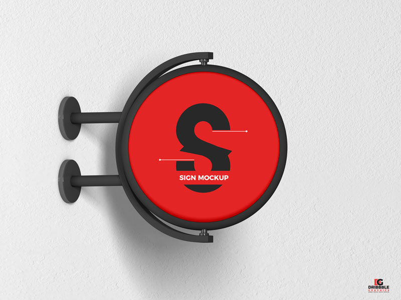 Round Signage Put up on the Wall in Half-Side View Mockup FREE PSD