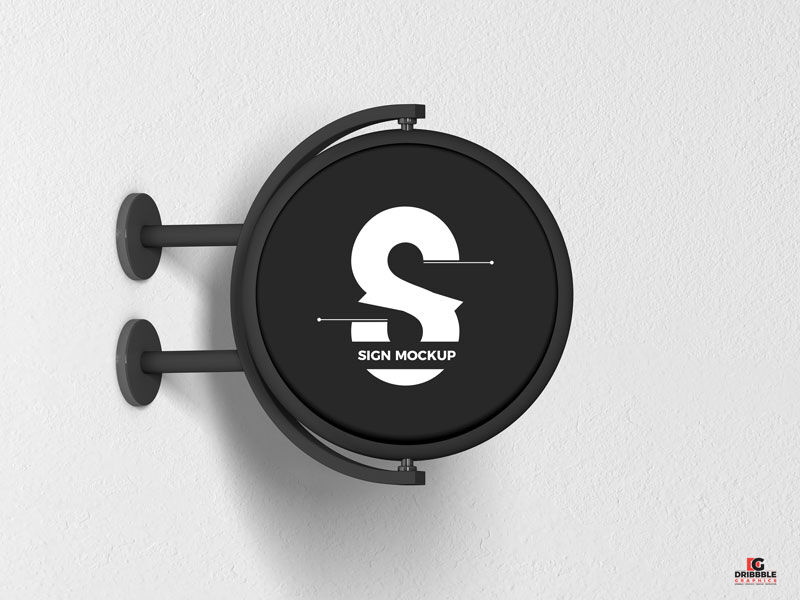Round Signage Put up on the Wall in Half-Side View Mockup FREE PSD