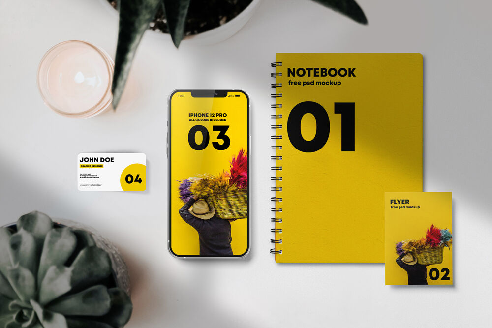 Scene Creator Mockup with Smartphone, Flyer, Notebook, and Business Card FREE PSD
