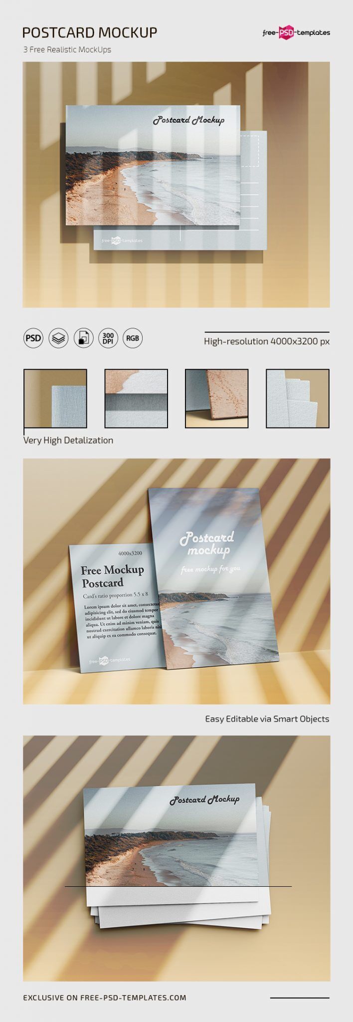 Set of Three Postcard Mockups from Front and Top View FREE PSD