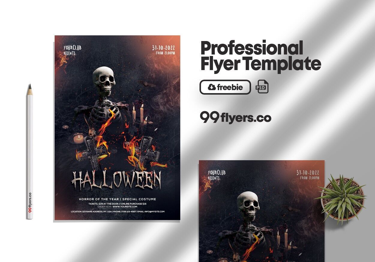Skeletal and Horror Halloween Party Flyer Template FREE PSD