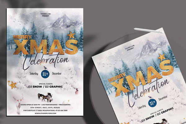 Snowy, Golden Christmas Party Flyer Template FREE PSD