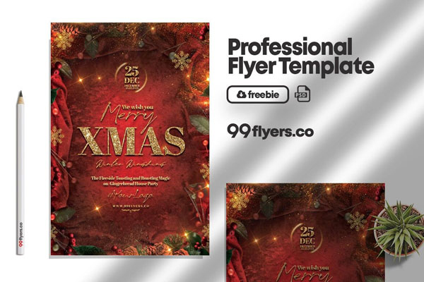 Sparkly and Ornamental Modern Christmas Party Flyer Template FREE PSD
