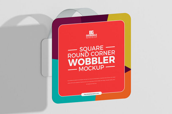 Square Shelf Wobbler Attached to the Wall in Half-Side View Mockup FREE PSD