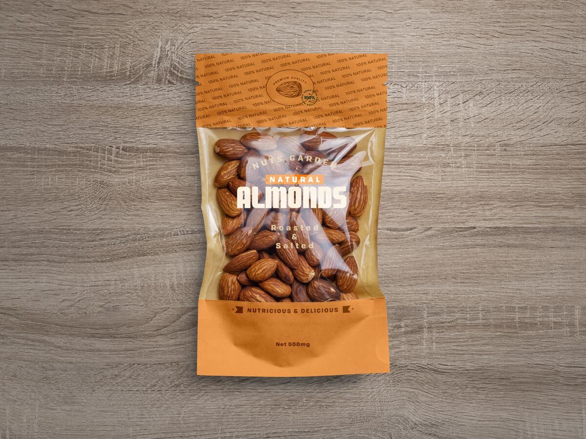 Top View Almond Window Pouch Packaging on Floor Mockup FREE PSD
