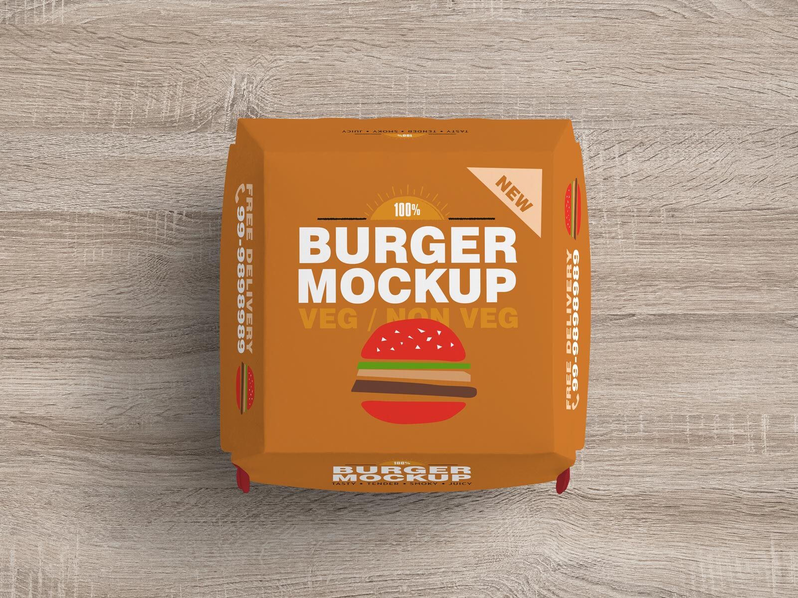 Top View Burger Box Mockup on Wooden Surface FREE PSD