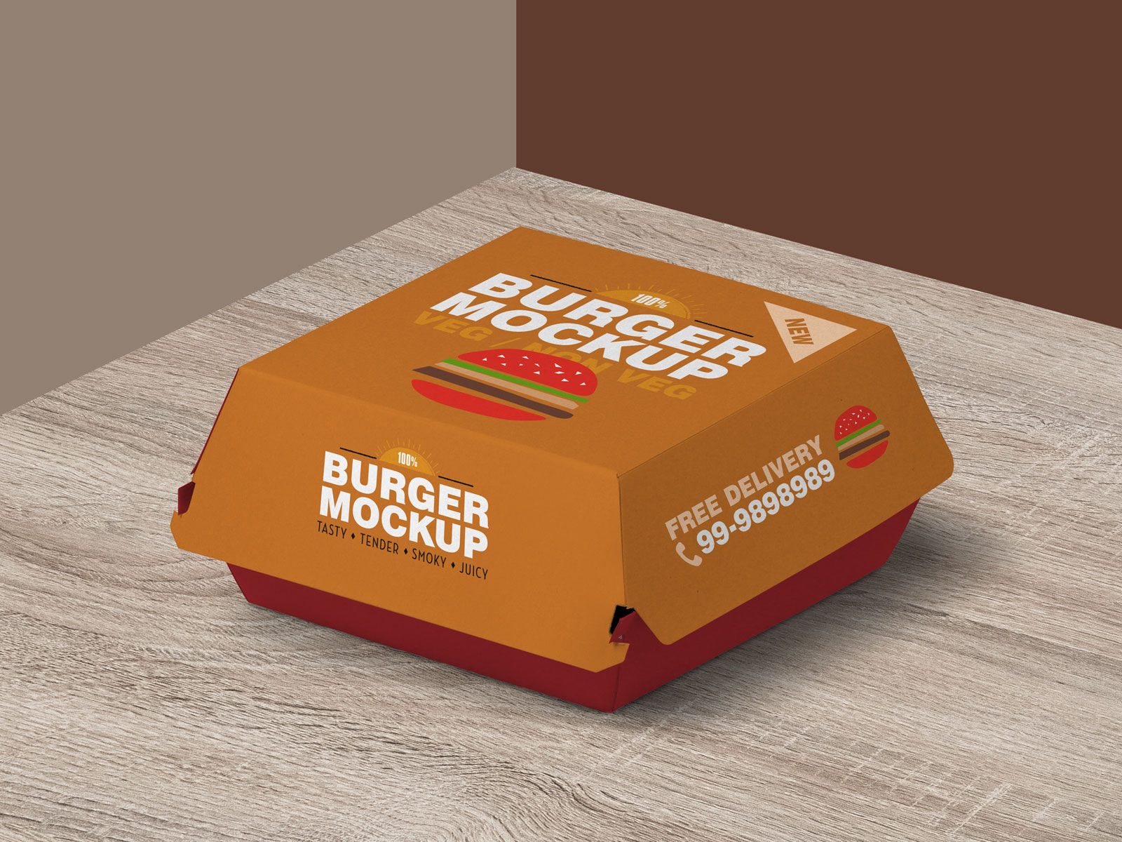 Top View Burger Box Mockup on Wooden Surface FREE PSD