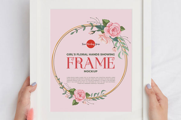 Top View Girl Showing Frame in Her Floral Hands Mockup FREE PSD