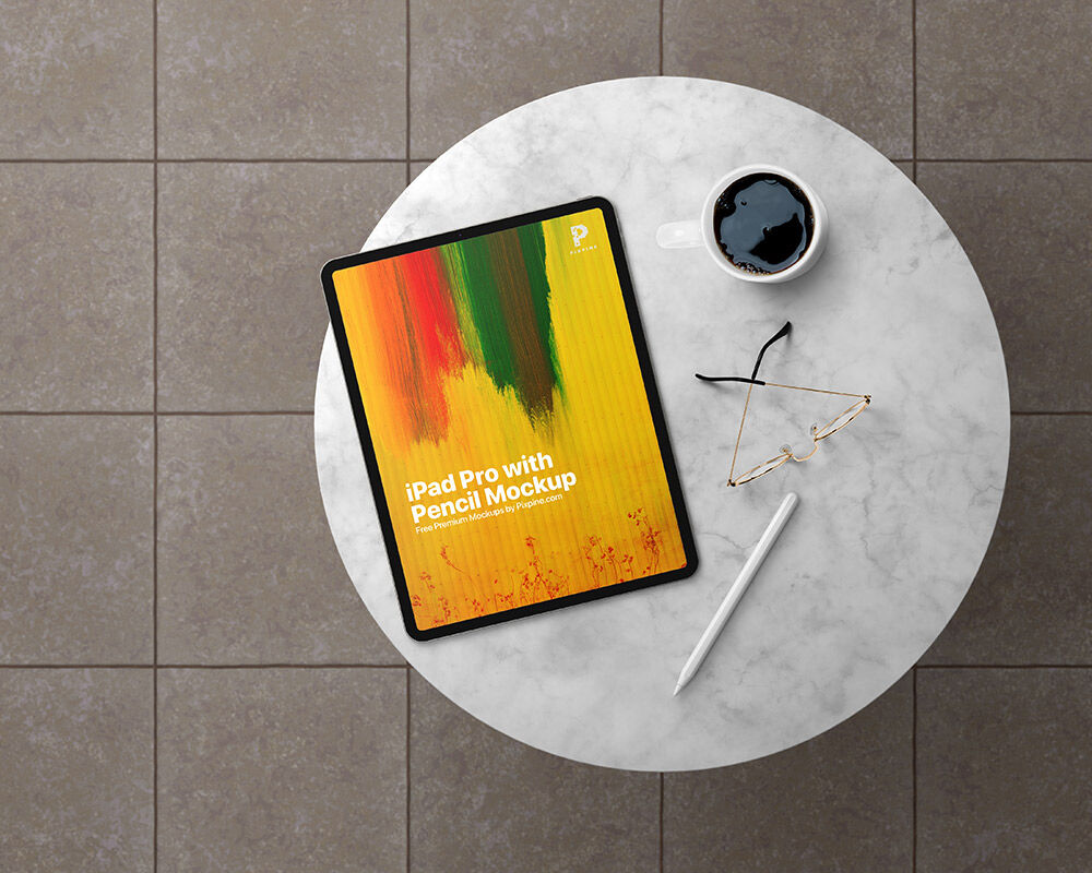 Top View iPad Pro with Glasses on Marble Mockup Scene FREE PSD