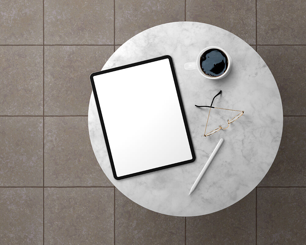 Top View iPad Pro with Glasses on Marble Mockup Scene FREE PSD
