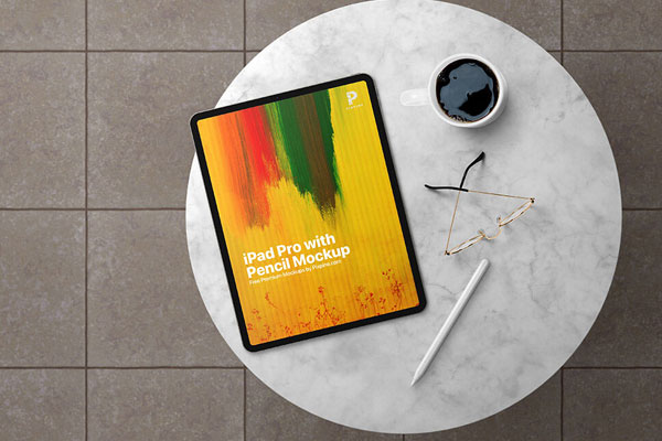Top View iPad Pro with Glasses on Marble Mockup Scene FREE PSD
