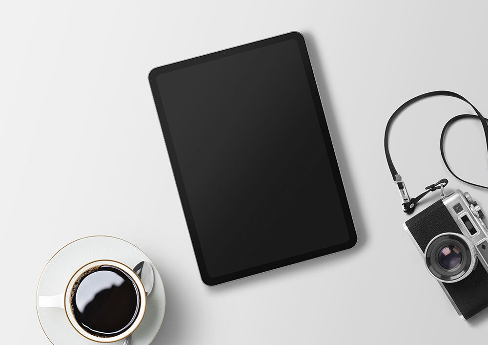 Top View iPad with Tea Cup and Camera Mockup FREE PSD
