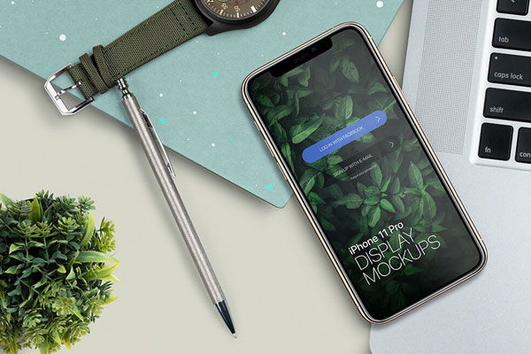 Top View iPhone 11 Pro on a Workstation Mockup FREE PSD