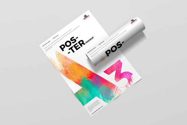 Top View Mockup of Two A3 Posters Flat and Rolled FREE PSD