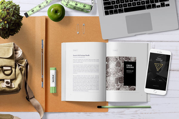 Top View Open Book Mockup Scene with Smartphone, and Plant FREE PSD