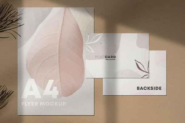 Top-View Stationery Mockup Featuring A4 Paper and Two Postcards FREE PSD