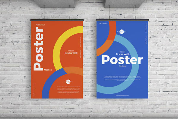 Two indoor Vertical Posters Mockup with Bricks Wall Background FREE PSD