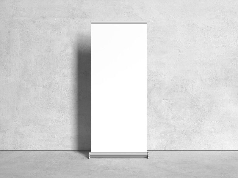 Vertical, Roll-Up Banner Stand in the Front View Mockup FREE PSD