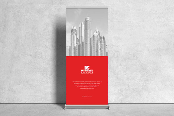 Vertical, Roll-Up Banner Stand in the Front View Mockup FREE PSD