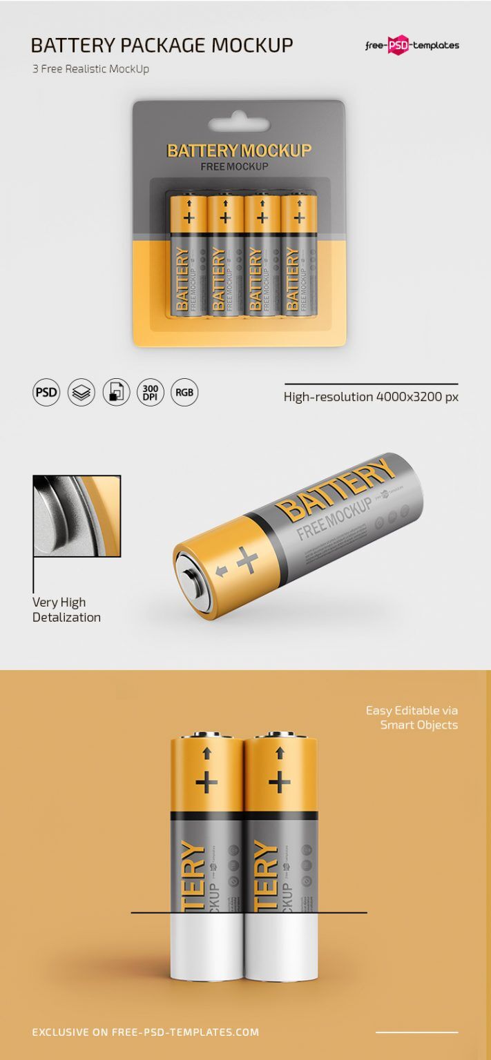 3 Mockups of Battery Packaging from Different Angles FREE PSD