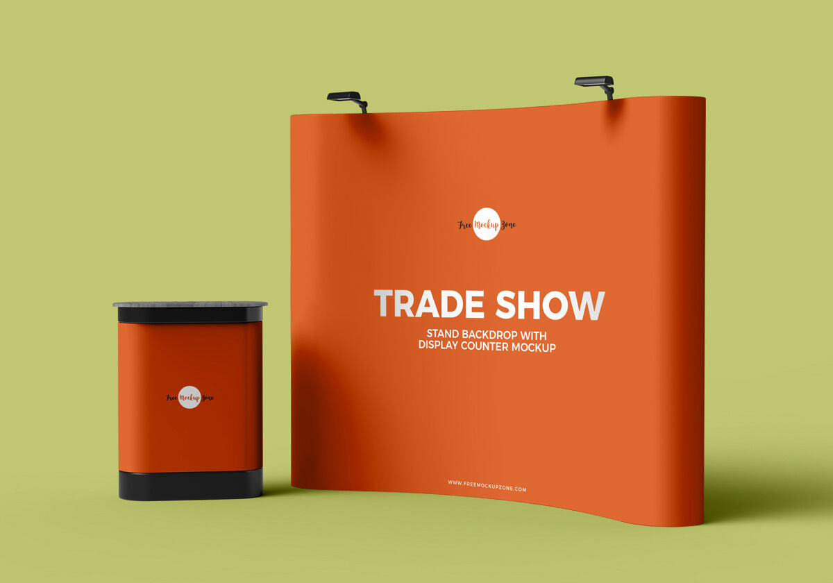 3D Trade Show Stand Backdrop Banner with Display Counter Mockup FREE PSD