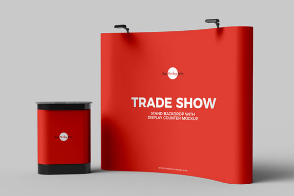3D Trade Show Stand Backdrop Banner with Display Counter Mockup FREE PSD