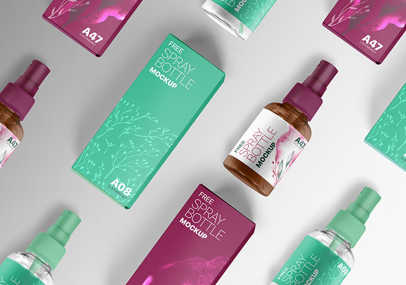 Arranged Rows of Spray Bottles With Boxes Mockup FREE PSD