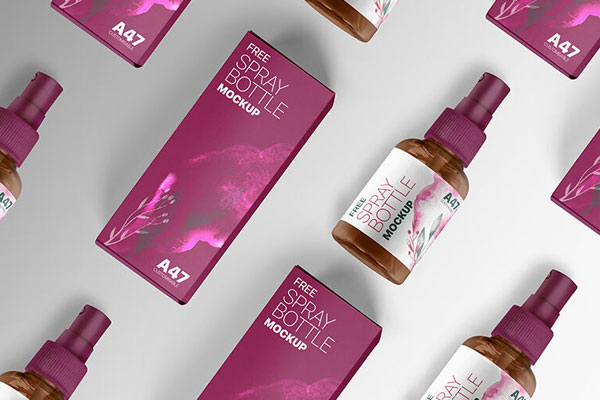 Arranged Rows of Spray Bottles With Boxes Mockup FREE PSD