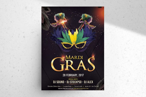 Black, Golden, Illustrated Mardi Gras Party Flyer Template FREE PSD