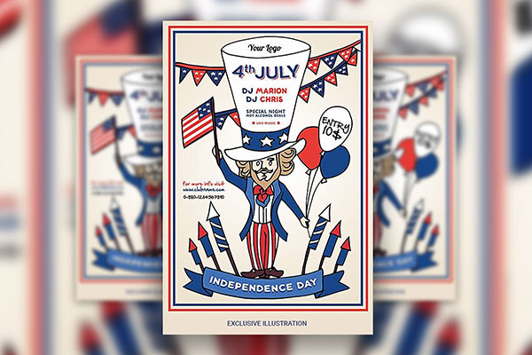 Cream, Blue, Red Illustrated 4th of July Party Flyer Template FREE PSD