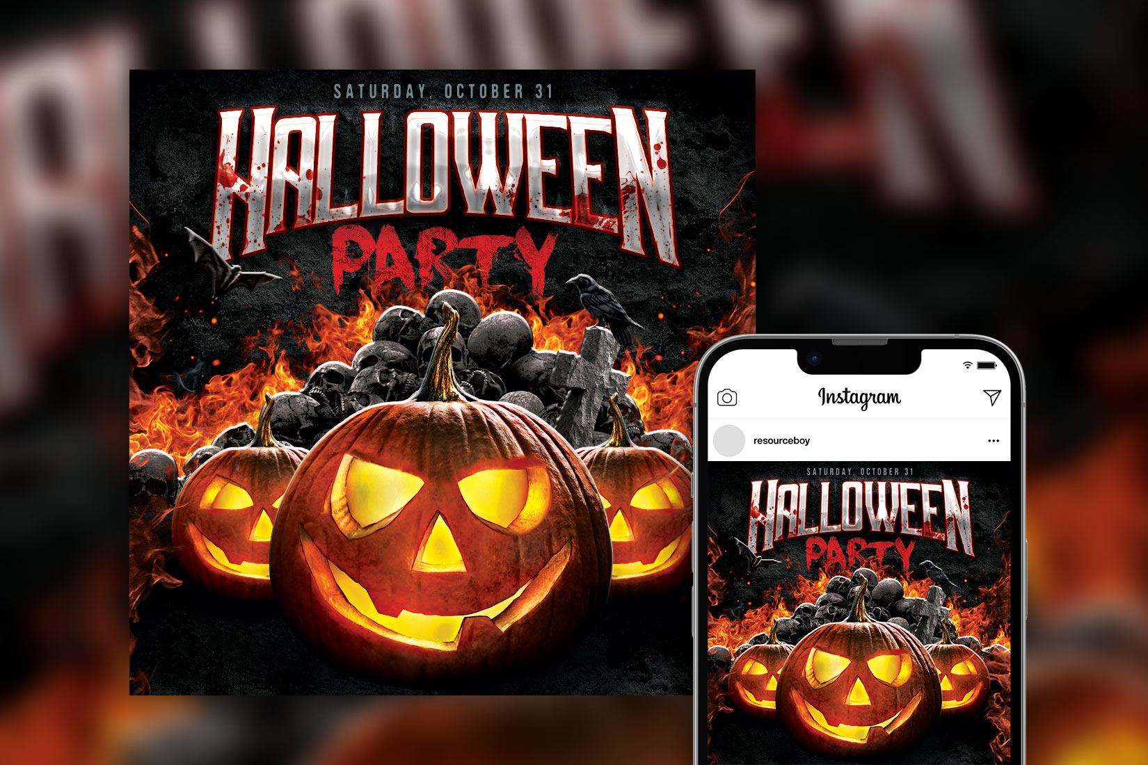 Free PSD Creepy Bloody Flames Bold Halloween Party Instagram Post Template