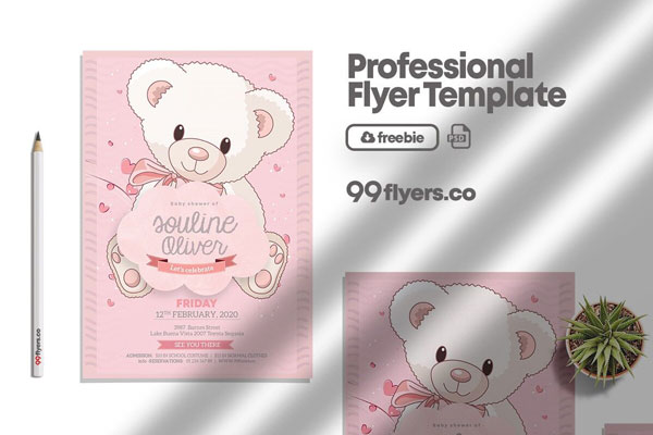 Cute and Pink Baby Shower Flyer Template FREE PSD