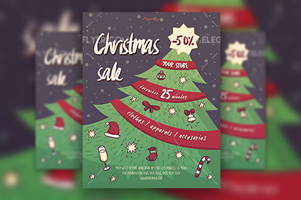 Dark Blue, Green, Illustrated Christmas Sale Flyer and Facebook Cover Templates FREE PSD