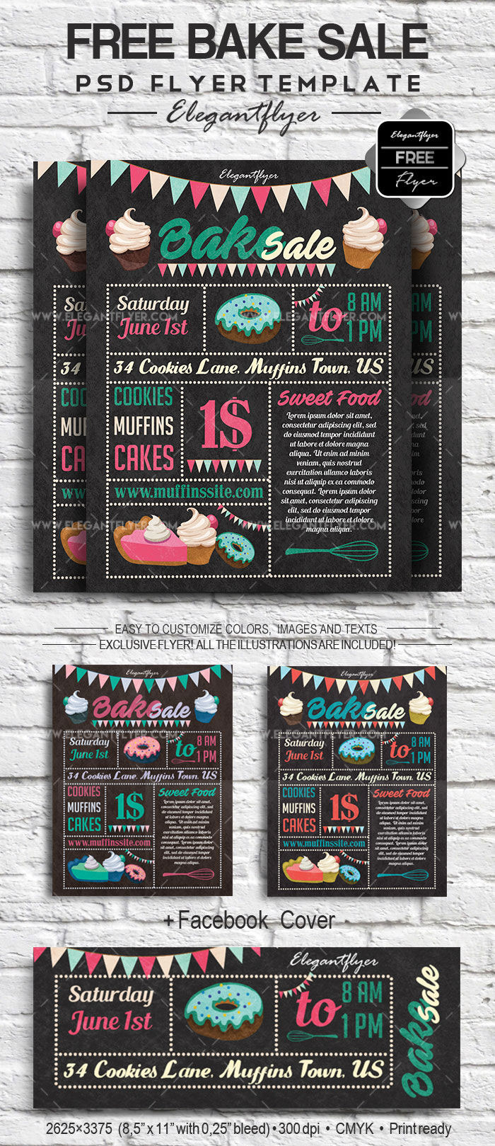 Dark Gray, Illustrated Bake Shop Flyer Along with Facebook Cover Templates FREE PSD