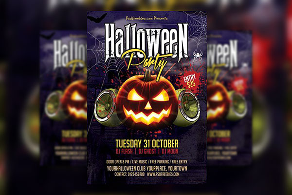 Dark Purple, Illustrated, Spooky Halloween Party Flyer Template FREE PSD