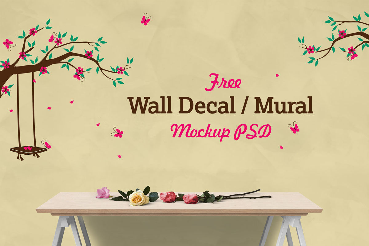 Decal Wall Sticker Mockup with Table and Flowers FREE PSD