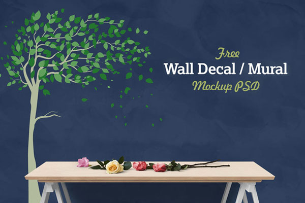 Decal Wall Sticker Mockup with Table and Flowers FREE PSD