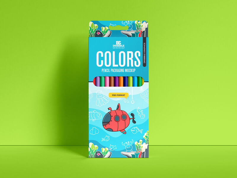 Front View Color Pencils Box Leaning Against the Wall Mockup FREE PSD