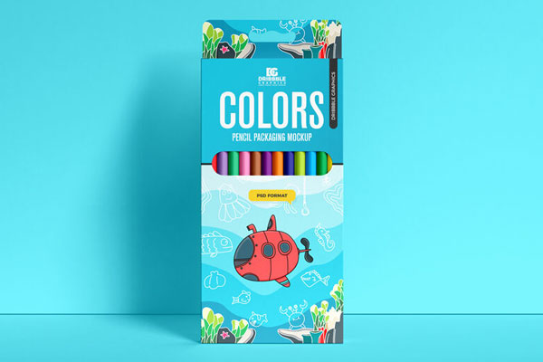 Front View Color Pencils Box Leaning Against the Wall Mockup FREE PSD