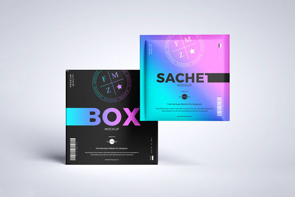 Front View of a Sachet With Packaging Box Mockup FREE PSD