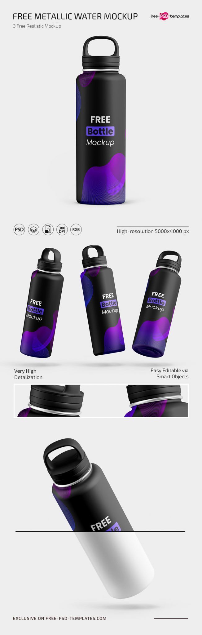 Front View of Three Metallic Water Bottle Mockups FREE PSD