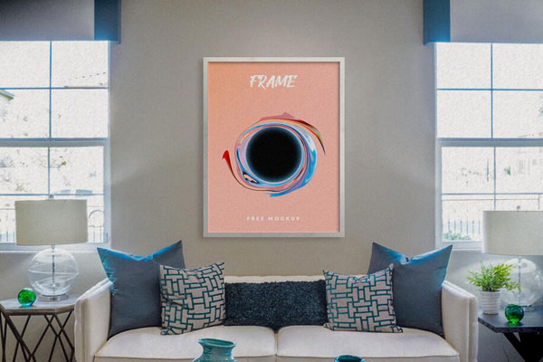 Front View of Vertical Interior Poster Frame Mockup FREE PSD