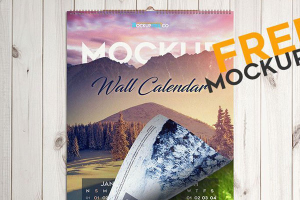 Front View Vertical Wall Calendar Mockup on Wooden Wall FREE PSD