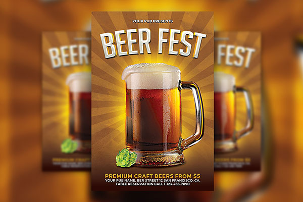 Golden, Striped, 3D Beer Fest Flyer Template FREE PSD
