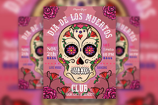 Illustrated Floral Dia de Muertos Flyer Template and Facebook Cover FREE PSD