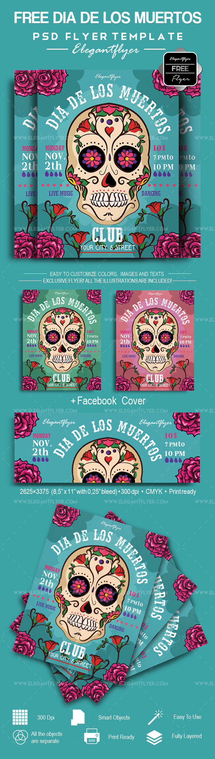 Illustrated Floral Dia de Muertos Flyer Template and Facebook Cover FREE PSD