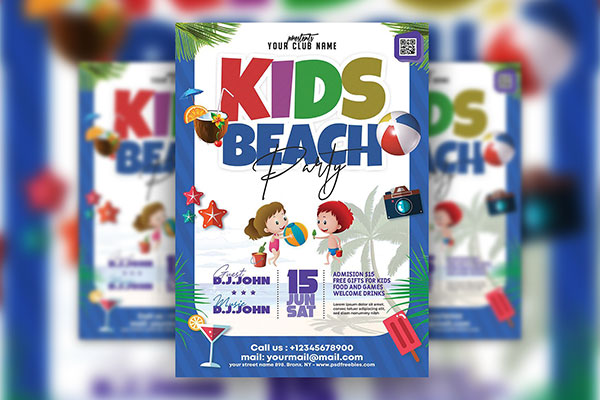 Illustrated Kids Beach Party Flyer Template FREE PSD